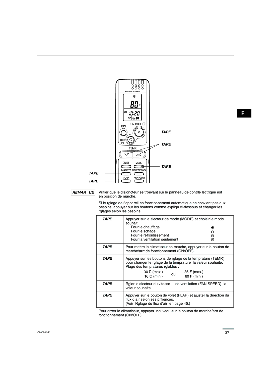 Sanyo KHS0971, KHS1271 instruction manual Fonctionnement avec télécommande suite, Fonctionnement manuel, Étape Remarque 