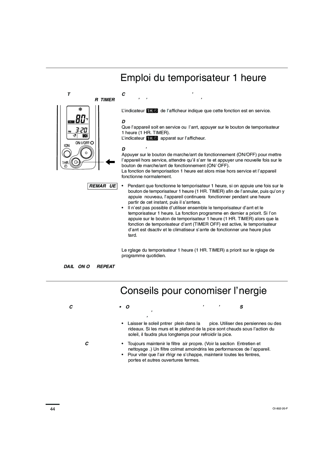 Sanyo KHS1271, KHS0971 Emploi du temporisateur 1 heure, Conseils pour économiser l’énergie, HR. Timer, Daily ON/OFF Repeat 