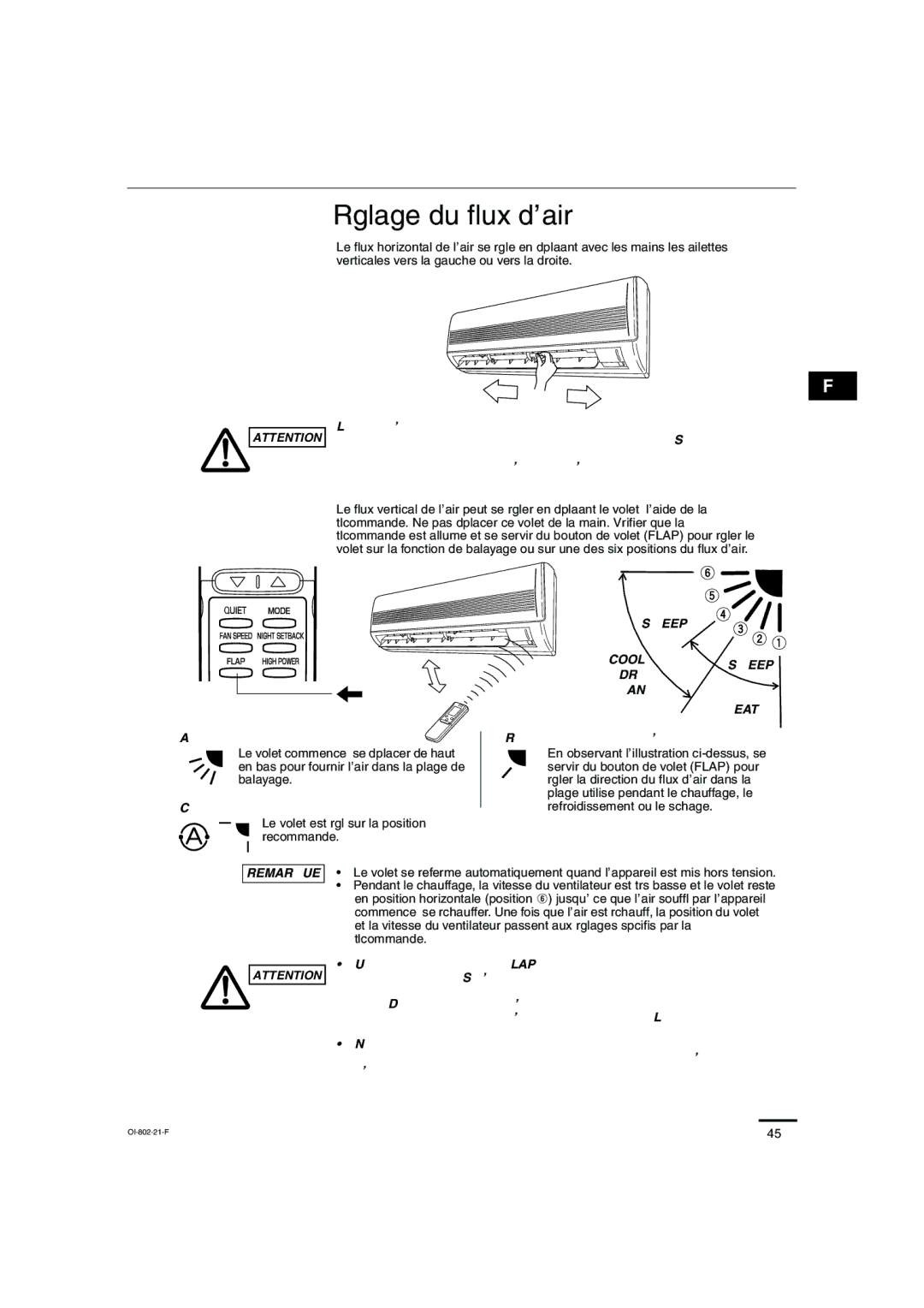 Sanyo KHS0971, KHS1271 instruction manual Réglage du flux d’air, Sweep Cool DRY FAN Heat 