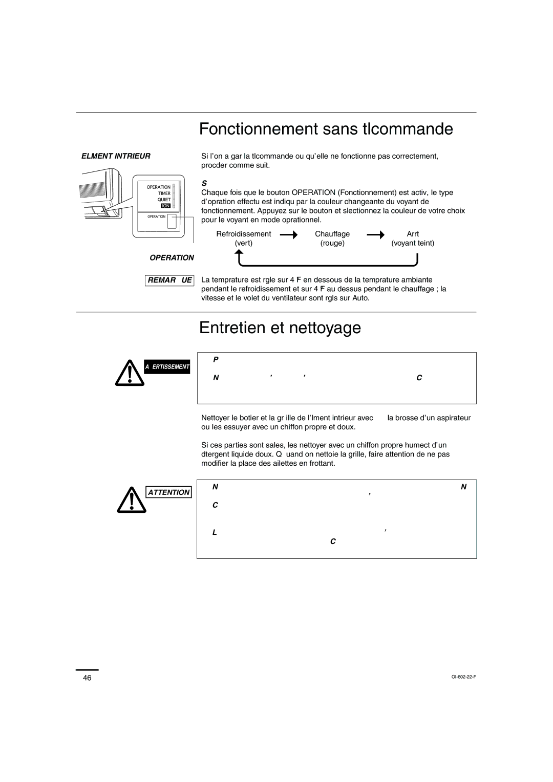 Sanyo KHS1271, KHS0971 Fonctionnement sans télécommande, Entretien et nettoyage, Elément Intérieur, Operation Remarque 