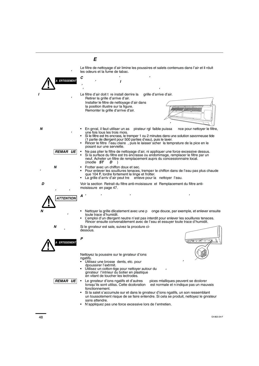 Sanyo KHS1271, KHS0971 instruction manual Filtre de nettoyage d’air, Nettoyage du générateur d’ions négatifs 