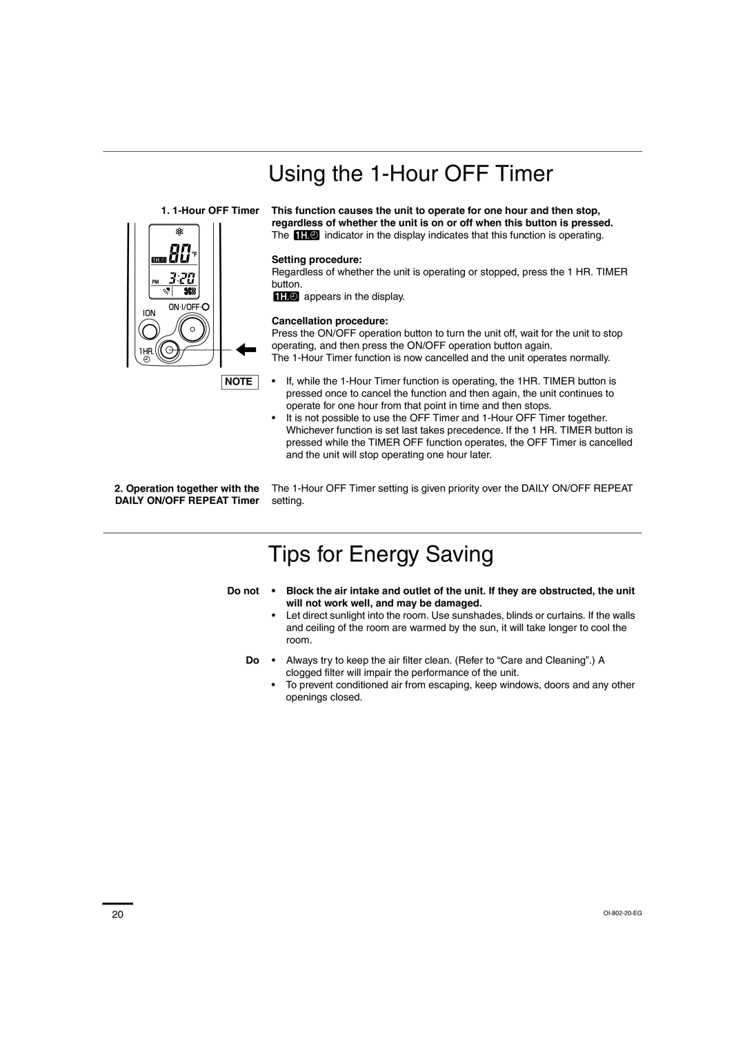 Sanyo KHS1271, KHS0971 Using the 1-Hour OFF Timer, Tips for Energy Saving, Setting procedure, Cancellation procedure 