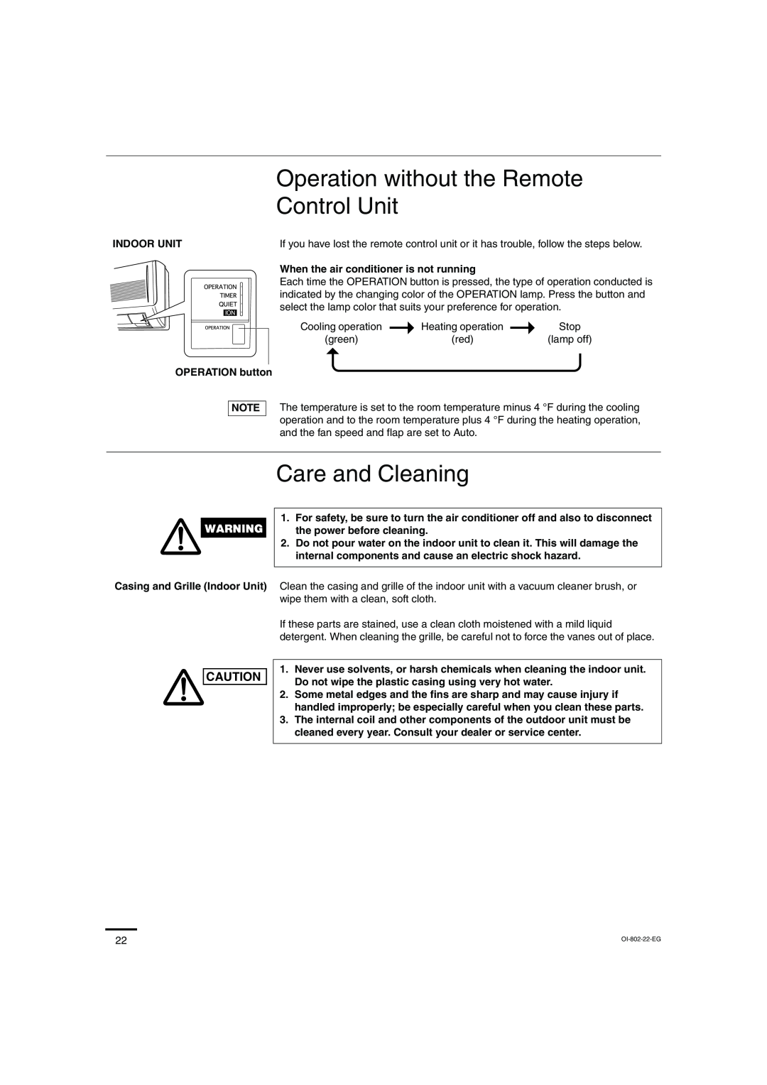 Sanyo KHS1271, KHS0971 instruction manual Operation without the Remote Control Unit, Care and Cleaning, OI-802-22-EG 