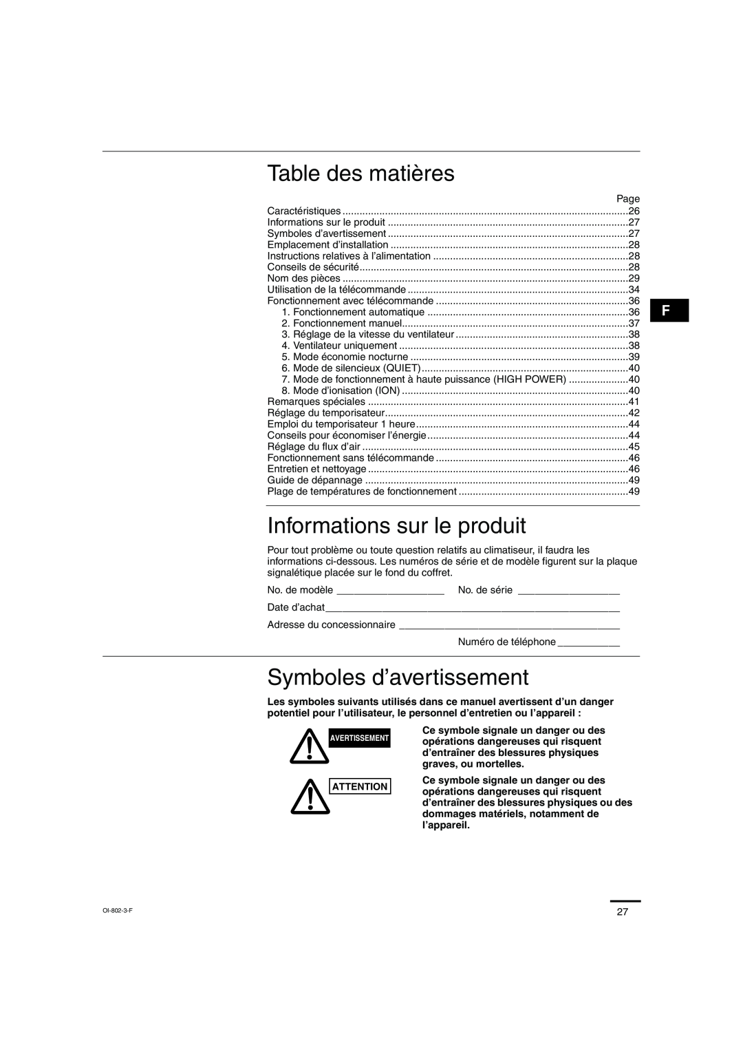 Sanyo KHS0971, KHS1271 instruction manual Table des matières, Informations sur le produit, Symboles d’avertissement 