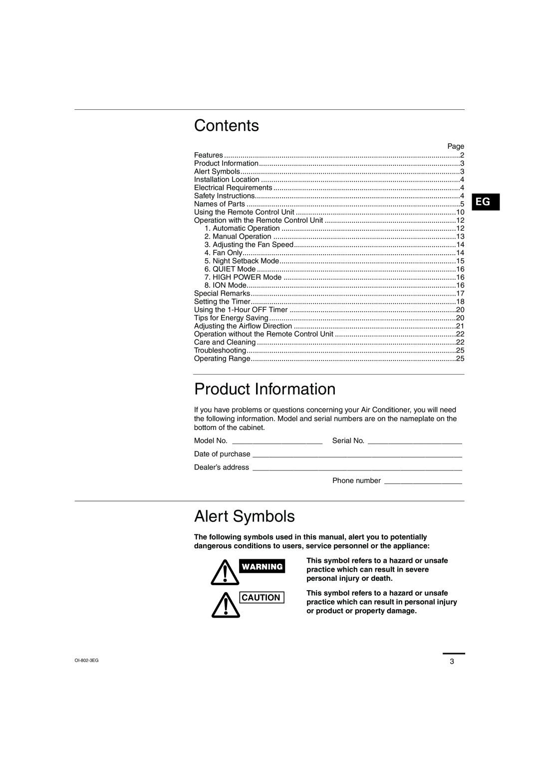 Sanyo KHS0971, KHS1271 instruction manual Contents, Product Information, Alert Symbols, Page 