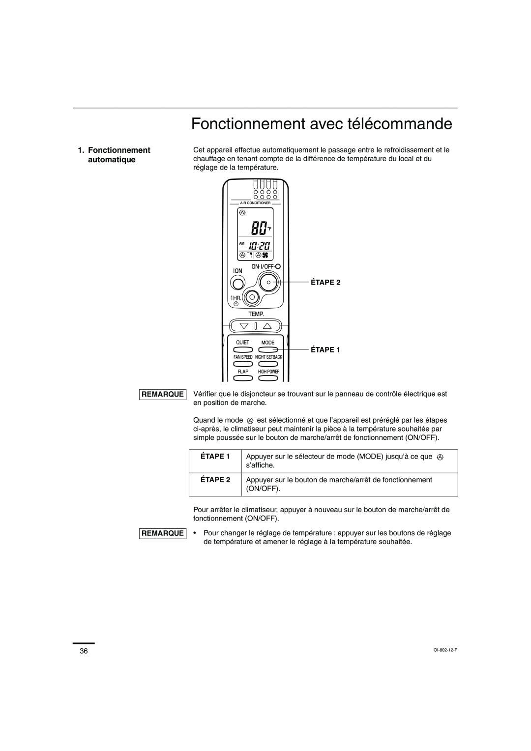 Sanyo KHS1271, KHS0971 instruction manual Fonctionnement avec télécommande, Fonctionnement automatique 