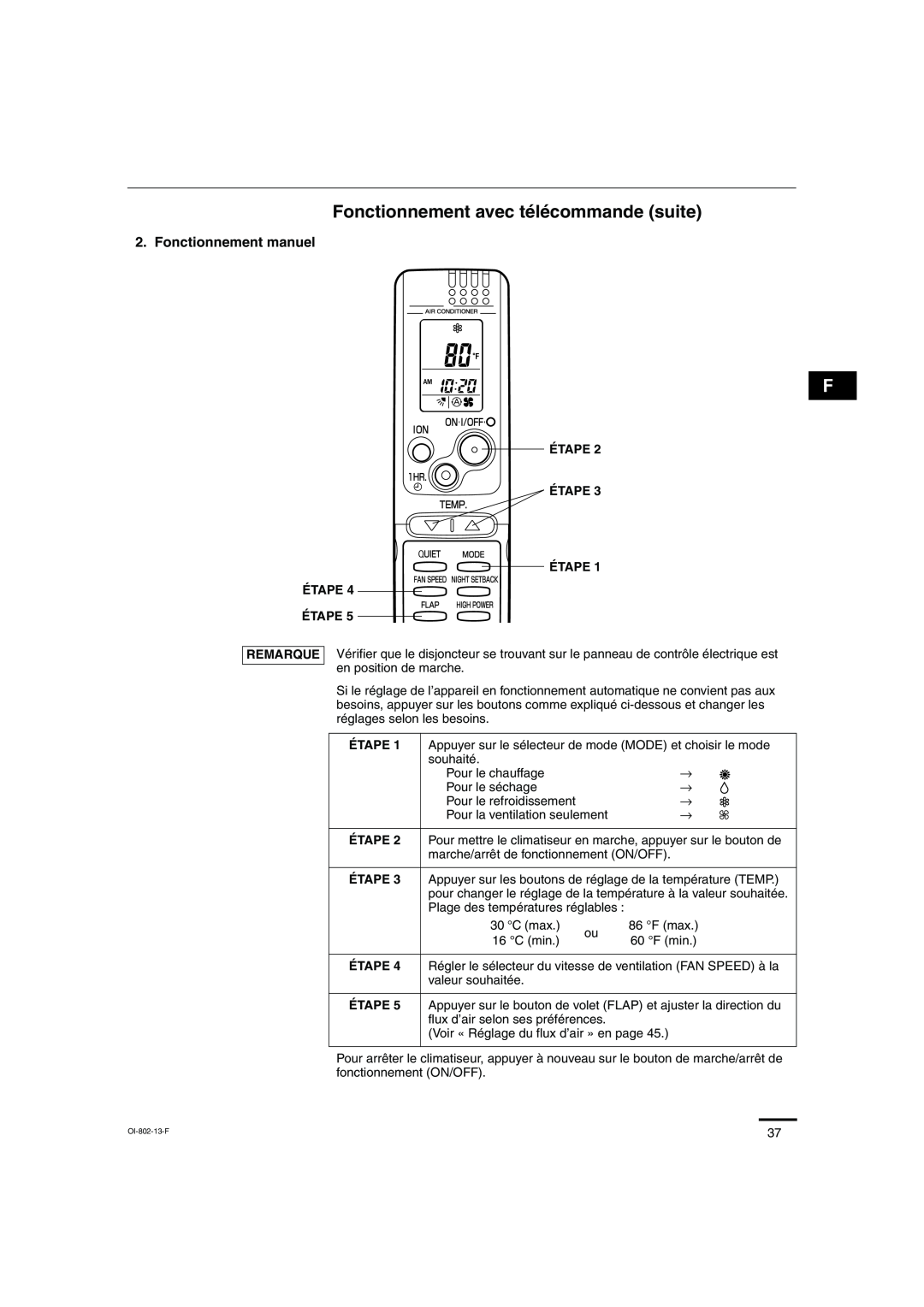 Sanyo KHS0971, KHS1271 instruction manual Fonctionnement avec télécommande suite, Fonctionnement manuel 