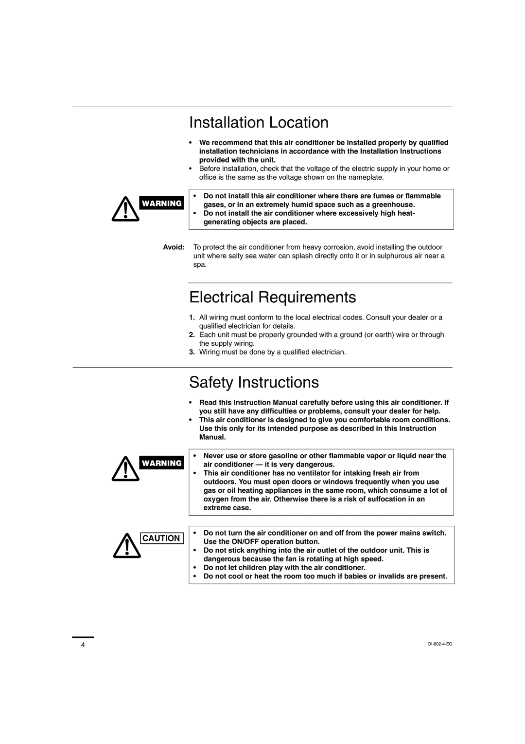 Sanyo KHS1271, KHS0971 instruction manual Installation Location, Electrical Requirements, Safety Instructions 