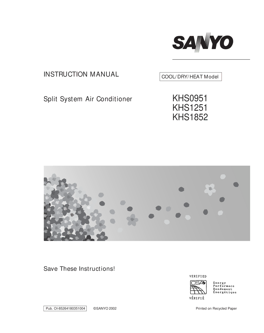 Sanyo instruction manual KHS0951 KHS1251 KHS1852 