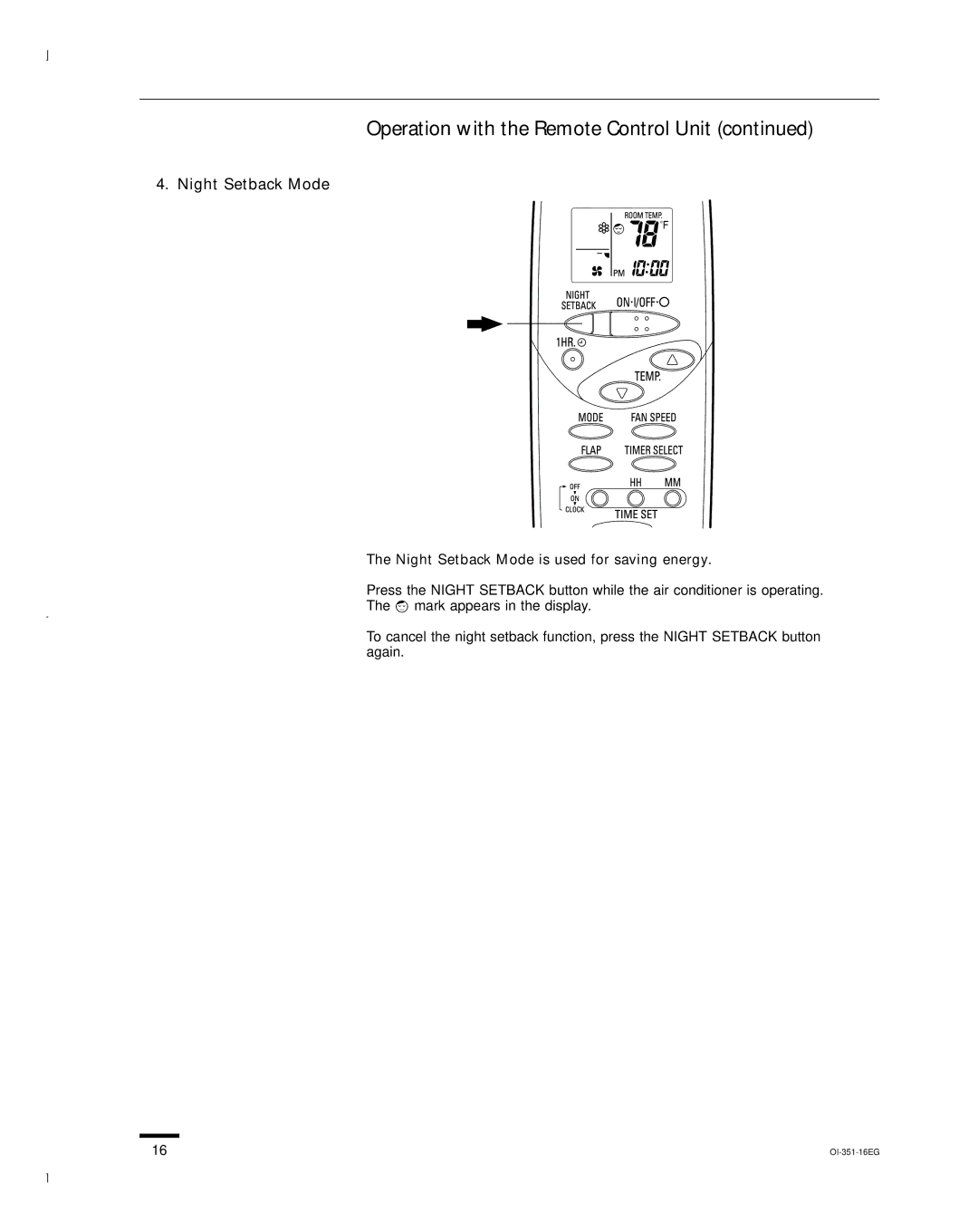 Sanyo KHS0951, KHS1852, KHS1251 instruction manual Night Setback Mode is used for saving energy 