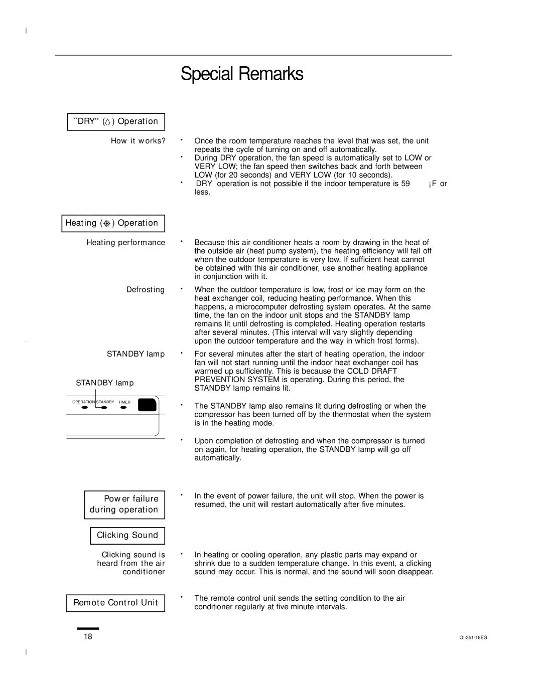 Sanyo KHS1852, KHS0951 Special Remarks, ``DRY Operation, Heating Operation, Power failure during operation Clicking Sound 