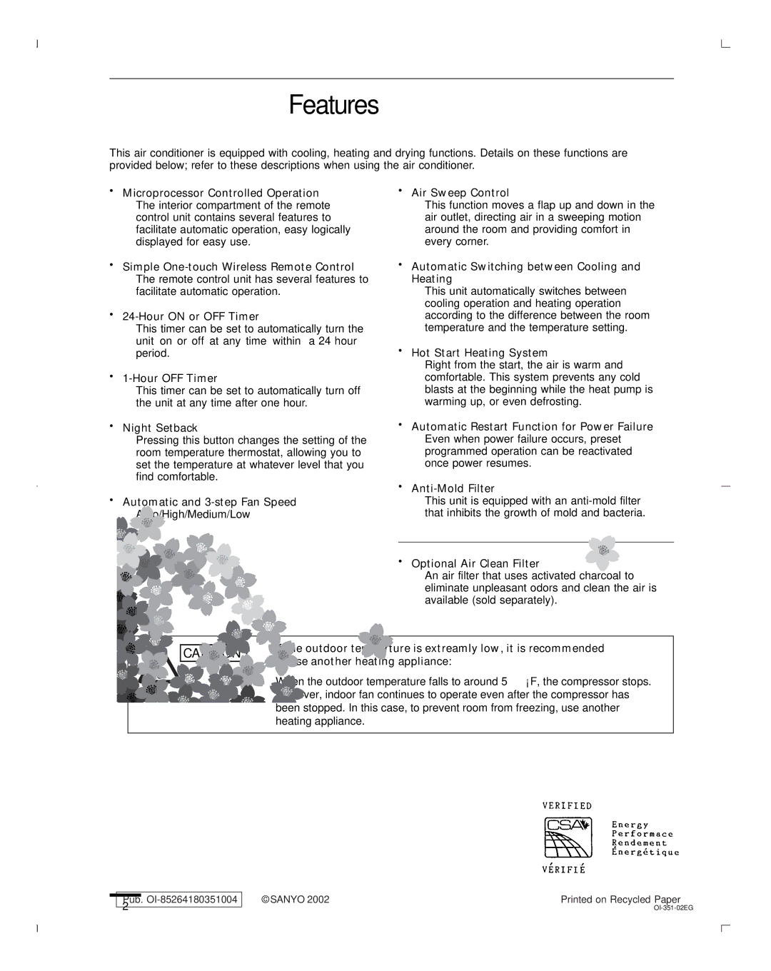 Sanyo KHS1251, KHS1852, KHS0951 instruction manual Features 