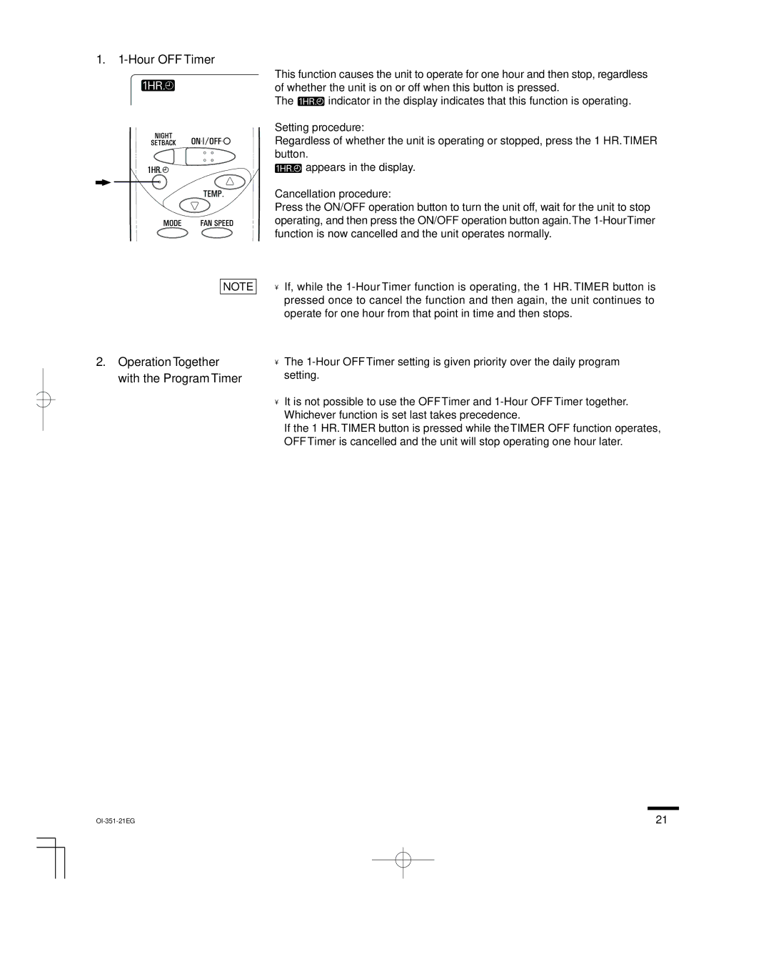 Sanyo KHS1852 Setting the 1-Hour OFFTimer, Hour OFF Timer Operation Together with the Program Timer, Setting procedure 