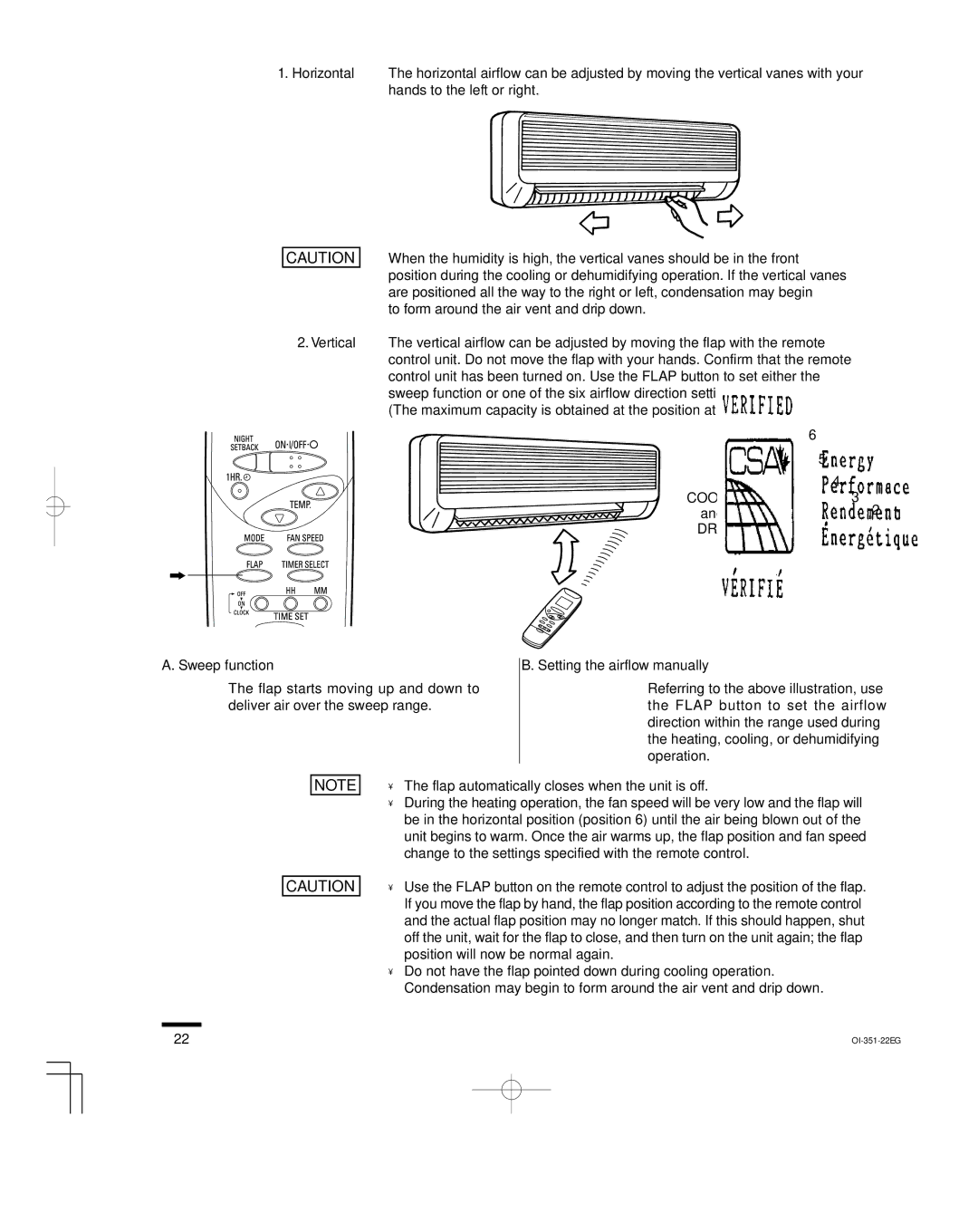 Sanyo KHS0951, KHS1852, KHS1251 Adjusting the Airflow Direction, Horizontal Vertical, Sweep Cool DRY Heat, Sweep function 