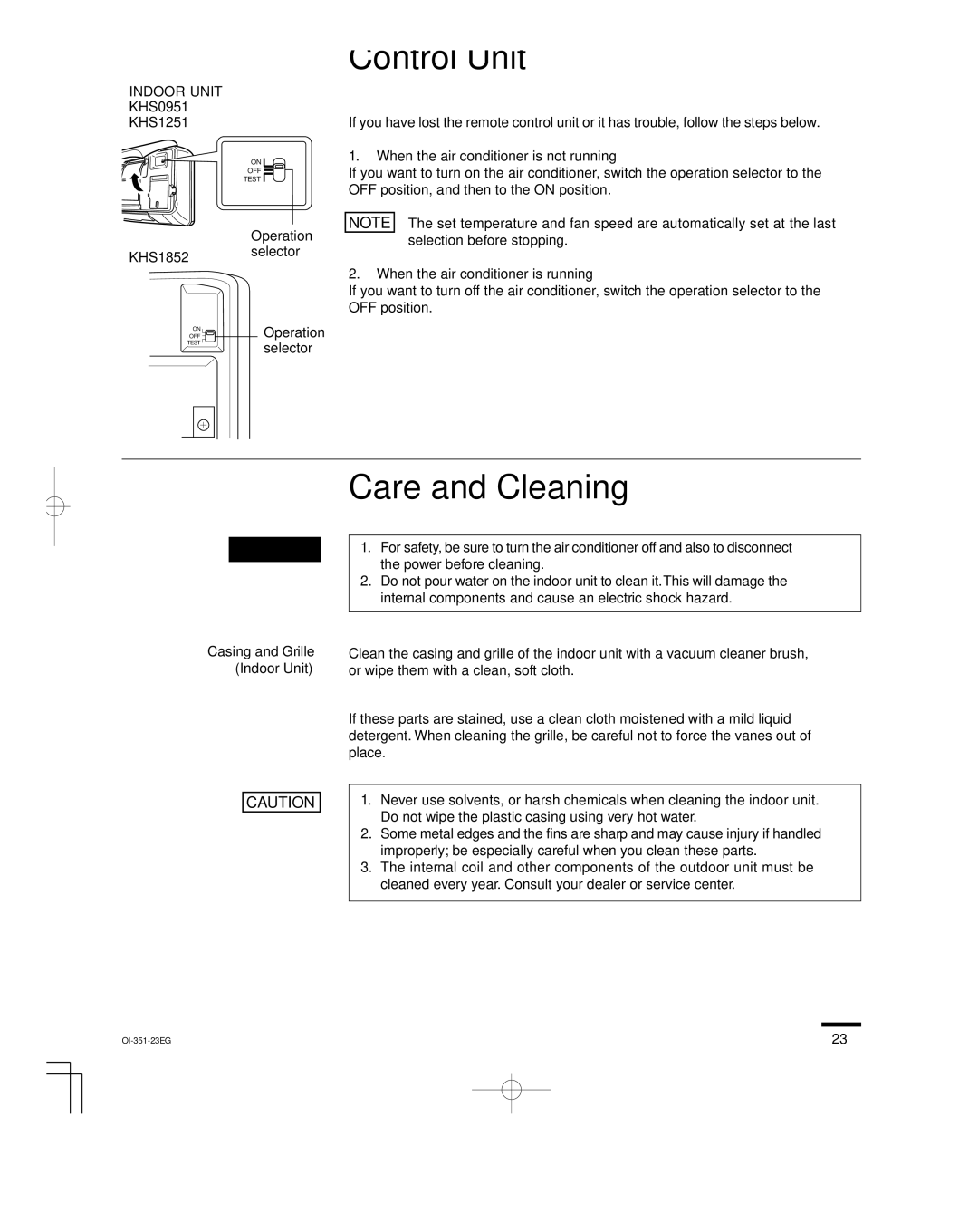 Sanyo KHS1251, KHS0951 Operation without the Remote Control Unit, Care and Cleaning, KHS1852 Selector Operation 