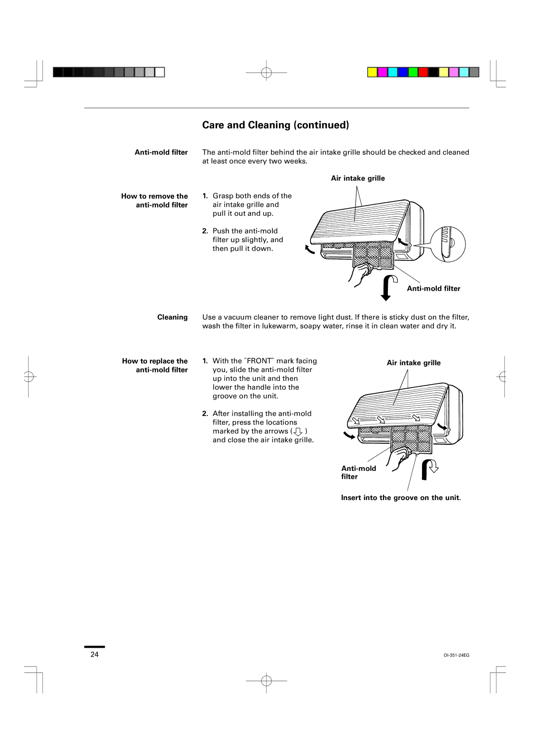 Sanyo KHS1852, KHS0951, KHS1251 instruction manual Care and Cleaning, Air intake grille How to remove, How to replace 