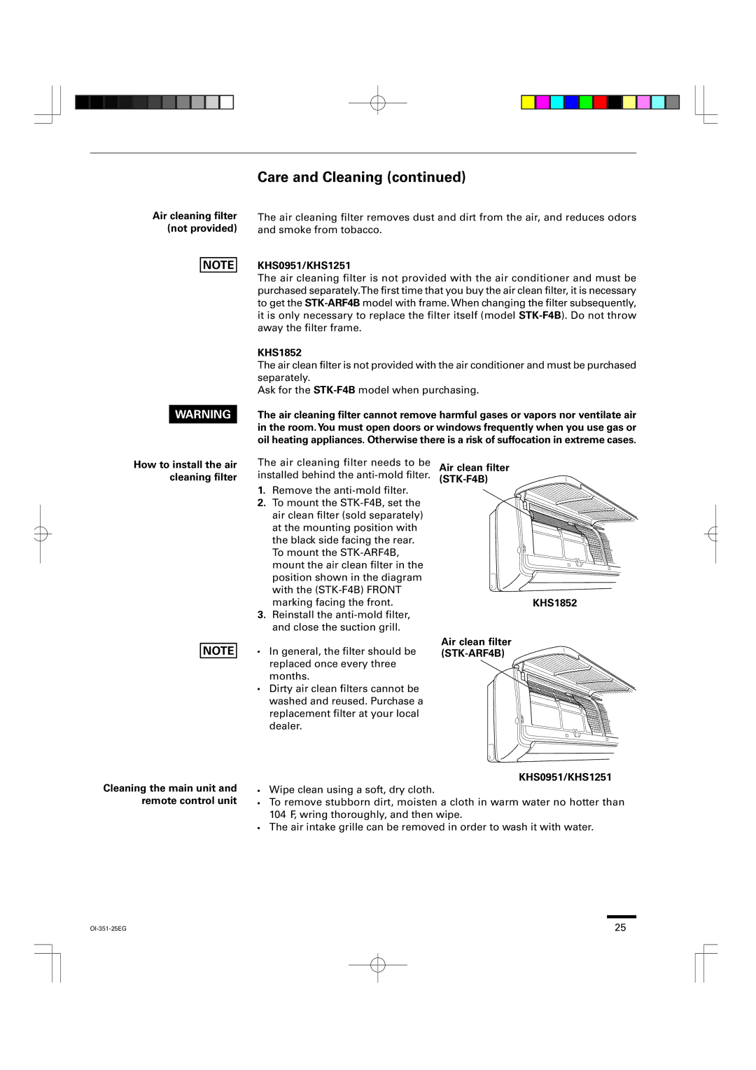 Sanyo instruction manual KHS0951/KHS1251, How to install the air cleaning filter, Air clean filter STK-F4B KHS1852 