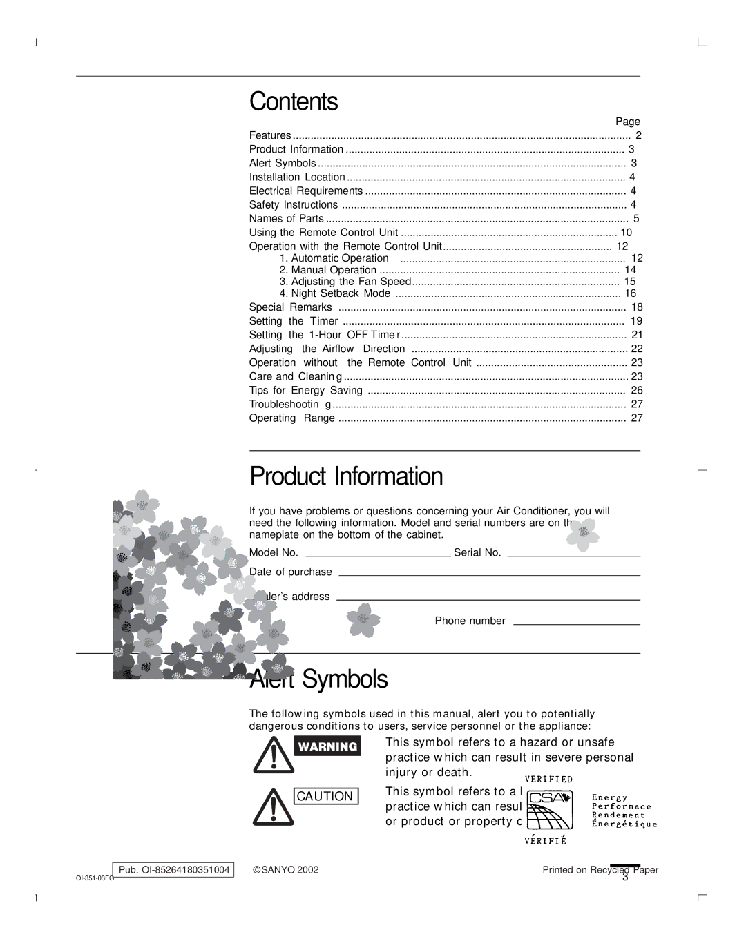 Sanyo KHS1852, KHS0951, KHS1251 instruction manual Contents, Product Information, Alert Symbols 