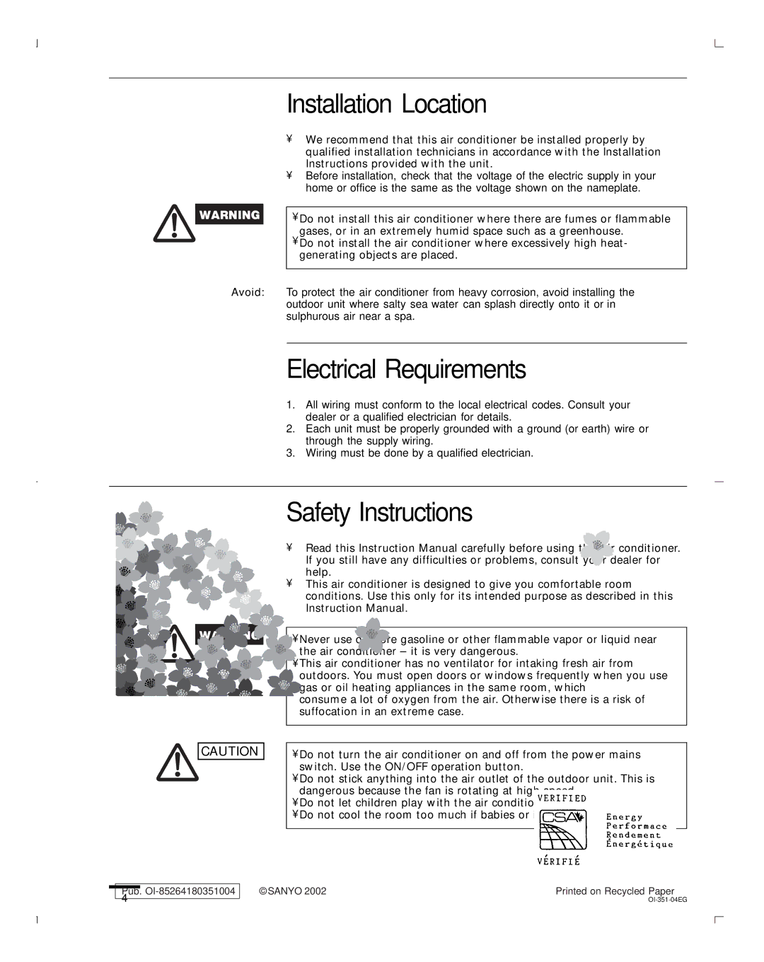 Sanyo KHS0951, KHS1852, KHS1251 instruction manual Installation Location, Electrical Requirements, Safety Instructions 