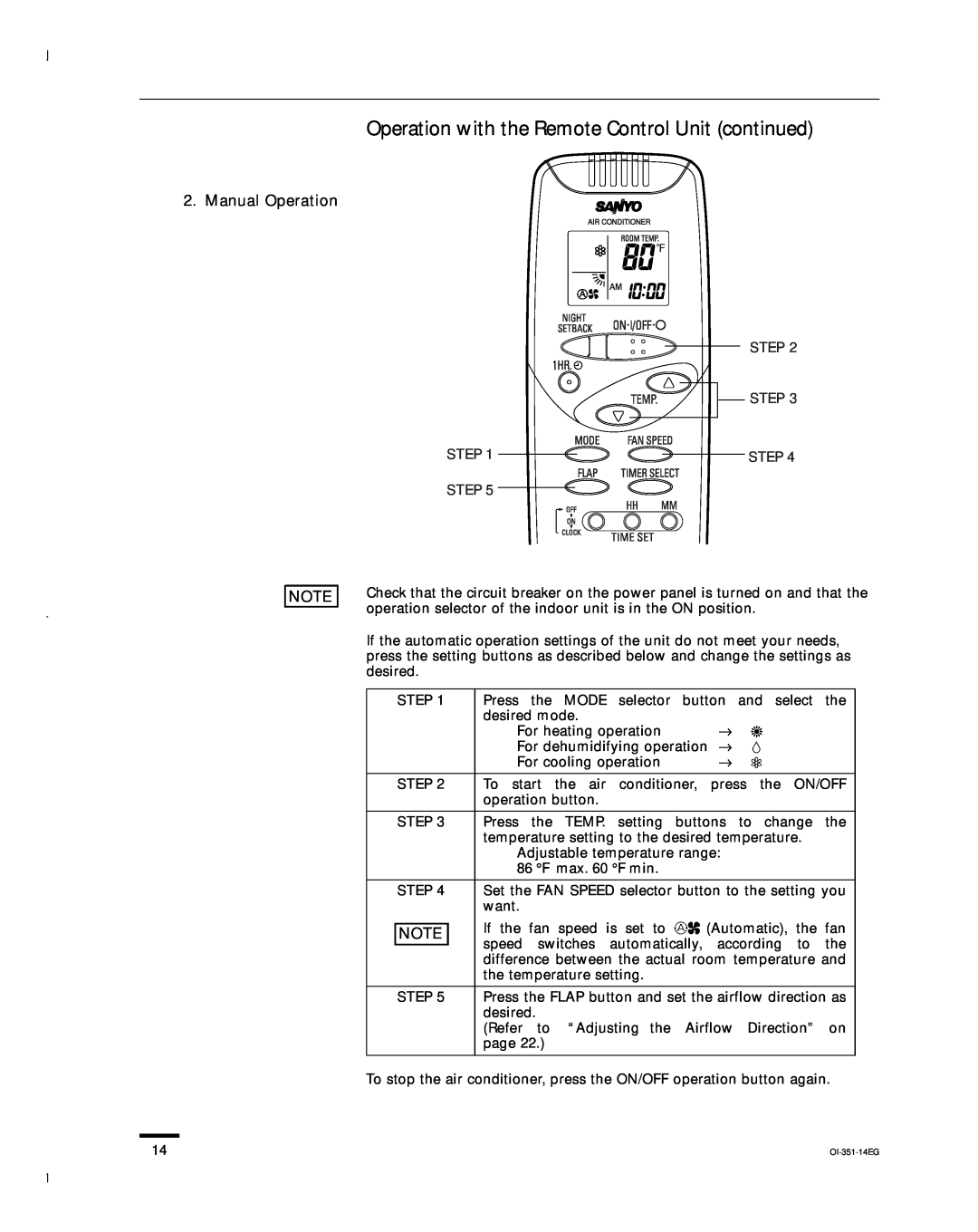 Sanyo KHS1251, KHS1852, KHS0951 instruction manual Operation with the Remote Control Unit continued, Manual Operation 