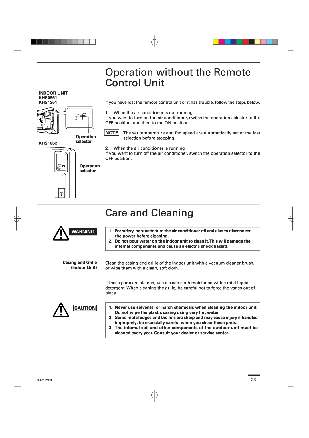 Sanyo KHS1251, KHS1852, KHS0951 instruction manual Operation without the Remote Control Unit, Care and Cleaning 