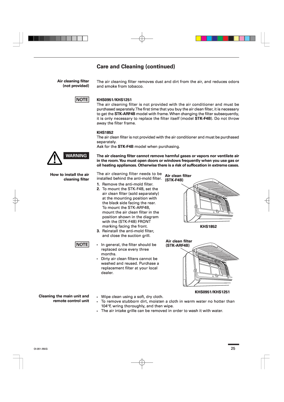Sanyo instruction manual Care and Cleaning continued, KHS0951/KHS1251, KHS1852, How to install the air cleaning filter 