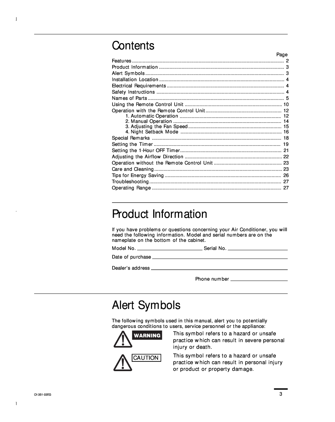Sanyo KHS1852, KHS0951, KHS1251 instruction manual Contents, Product Information, Alert Symbols 