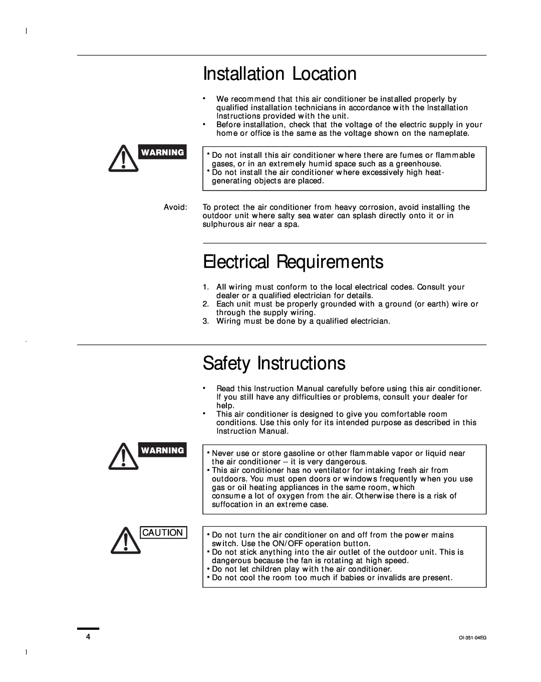 Sanyo KHS0951, KHS1852, KHS1251 instruction manual Installation Location, Electrical Requirements, Safety Instructions 
