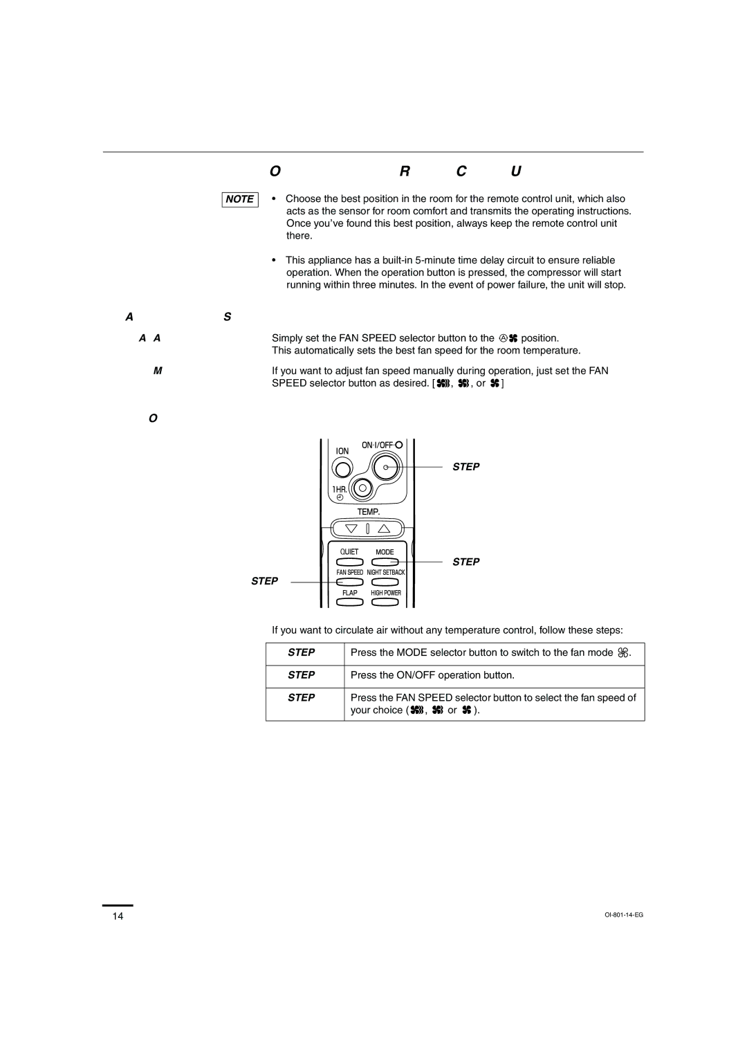 Sanyo KHS1872, KHS2472 instruction manual Adjusting the Fan Speed, Fan Only 