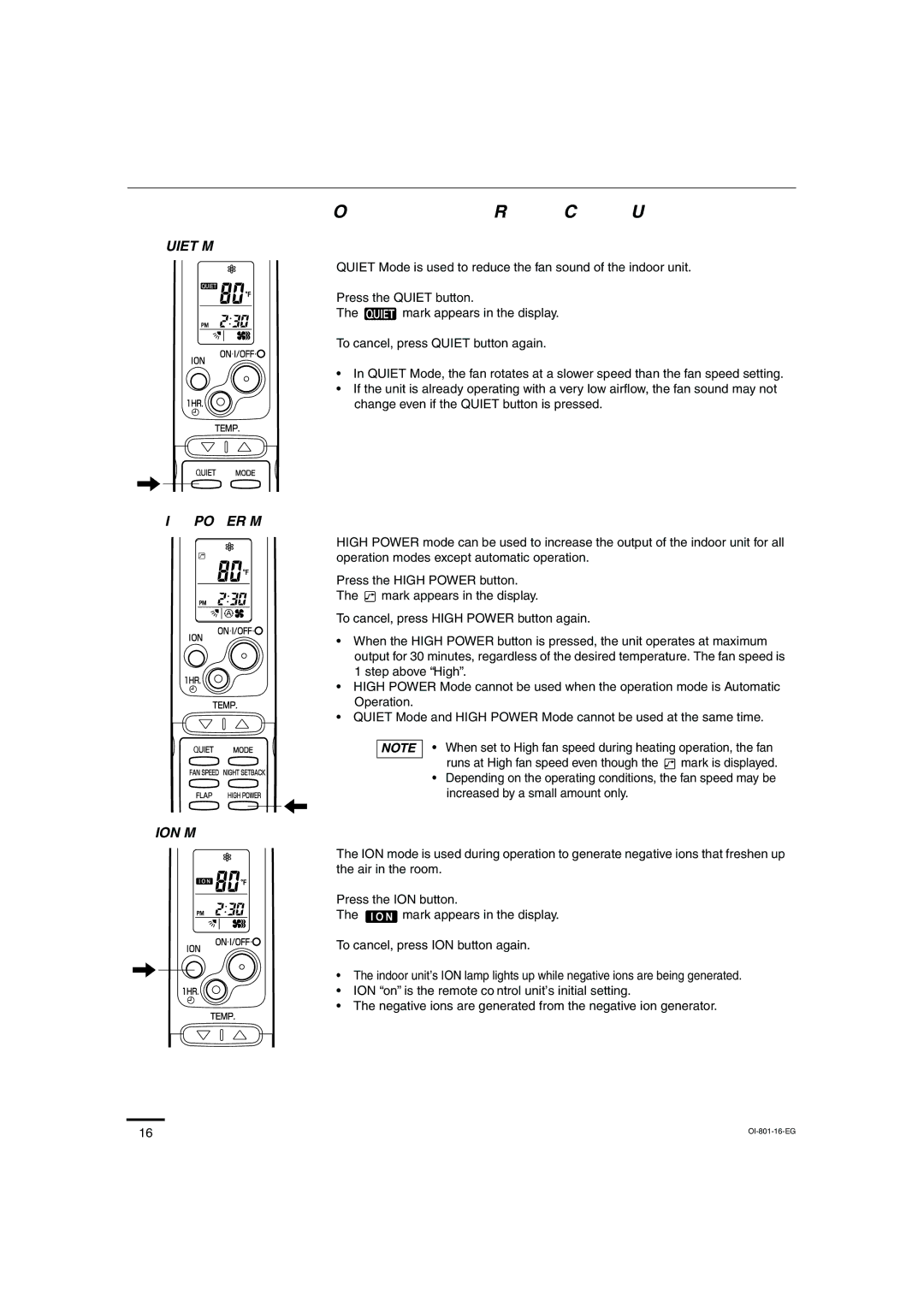 Sanyo KHS1872, KHS2472 instruction manual Quiet Mode, High Power Mode, ION Mode 