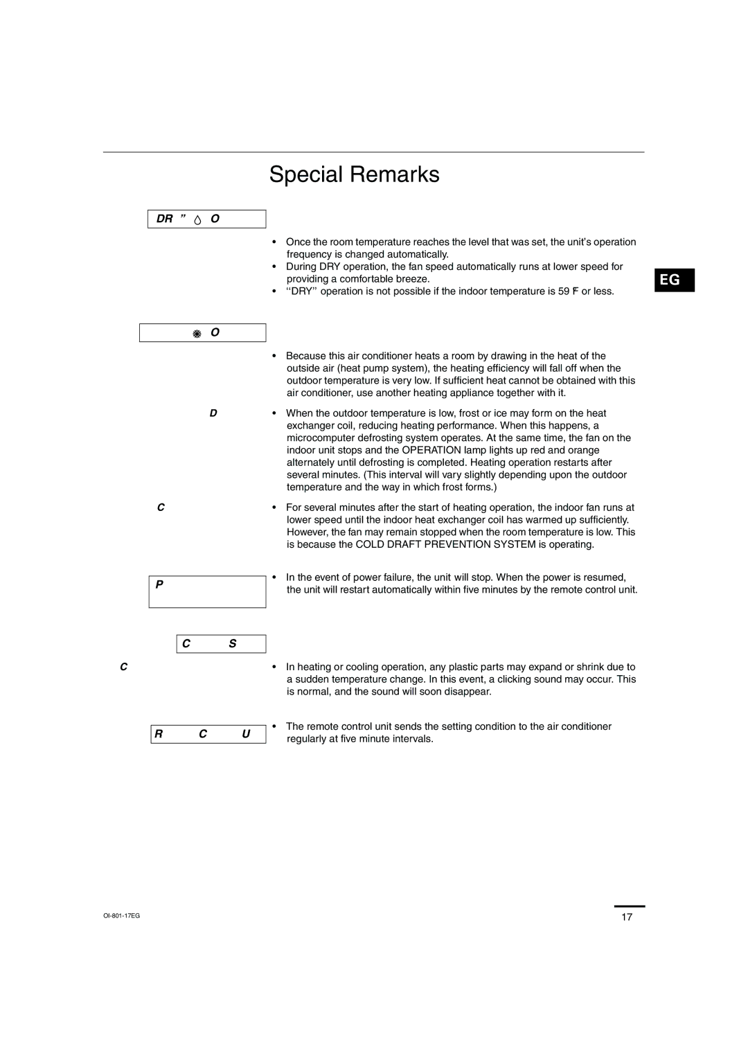 Sanyo KHS2472, KHS1872 Special Remarks, ‘‘DRY’’ Operation, Heating Operation, Clicking Sound, Remote Control Unit 