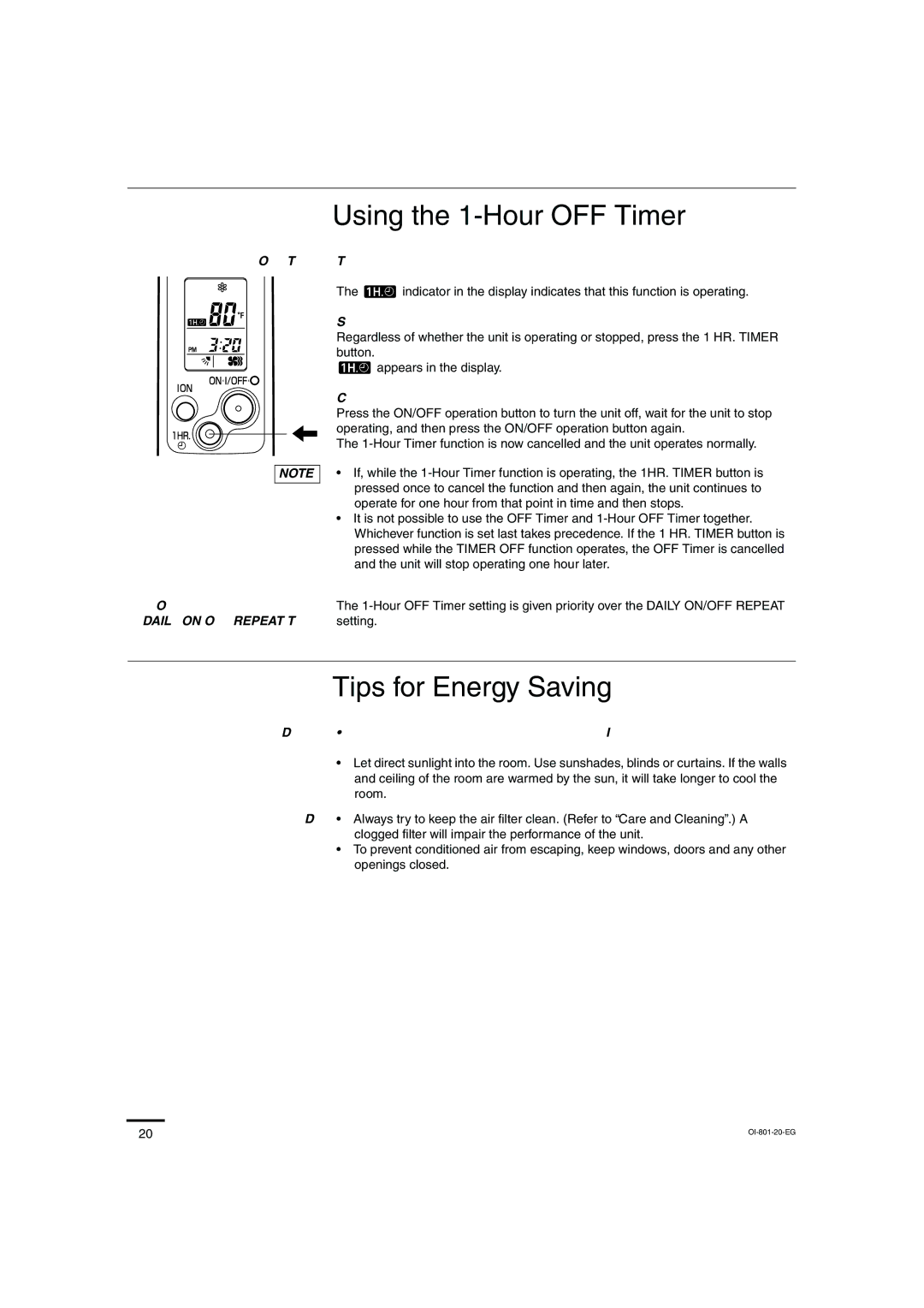 Sanyo KHS1872, KHS2472 Using the 1-Hour OFF Timer, Tips for Energy Saving, Setting procedure, Cancellation procedure 