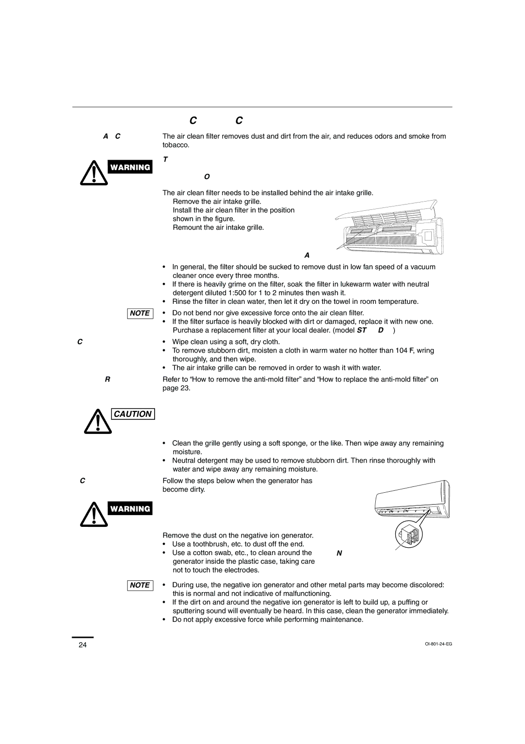 Sanyo KHS1872, KHS2472 instruction manual Air clean filter, Negative ion generator metal electrodes inside plastic case 