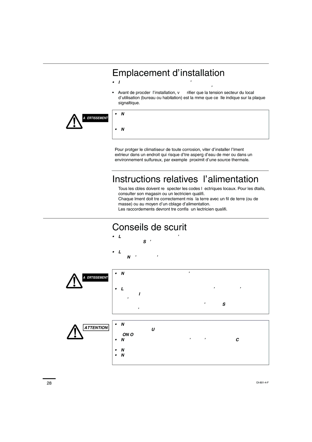 Sanyo KHS1872, KHS2472 Emplacement d’installation, Instructions relatives à l’alimentation, Conseils de sécurité 