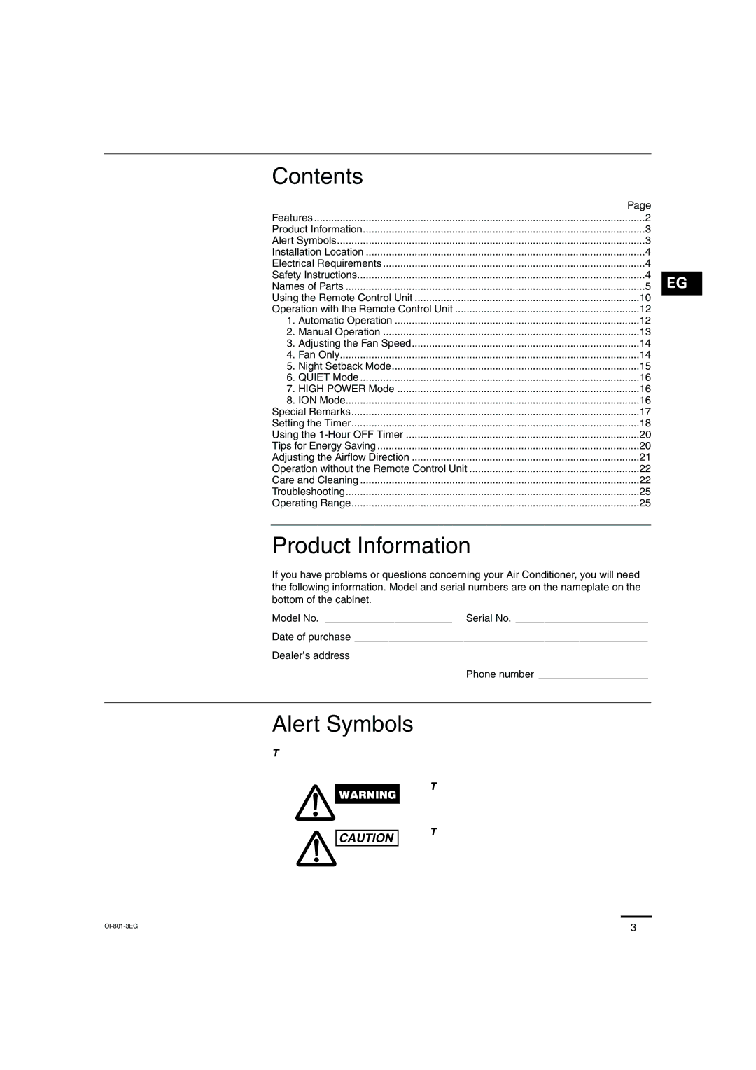 Sanyo KHS2472, KHS1872 instruction manual Contents, Product Information, Alert Symbols 