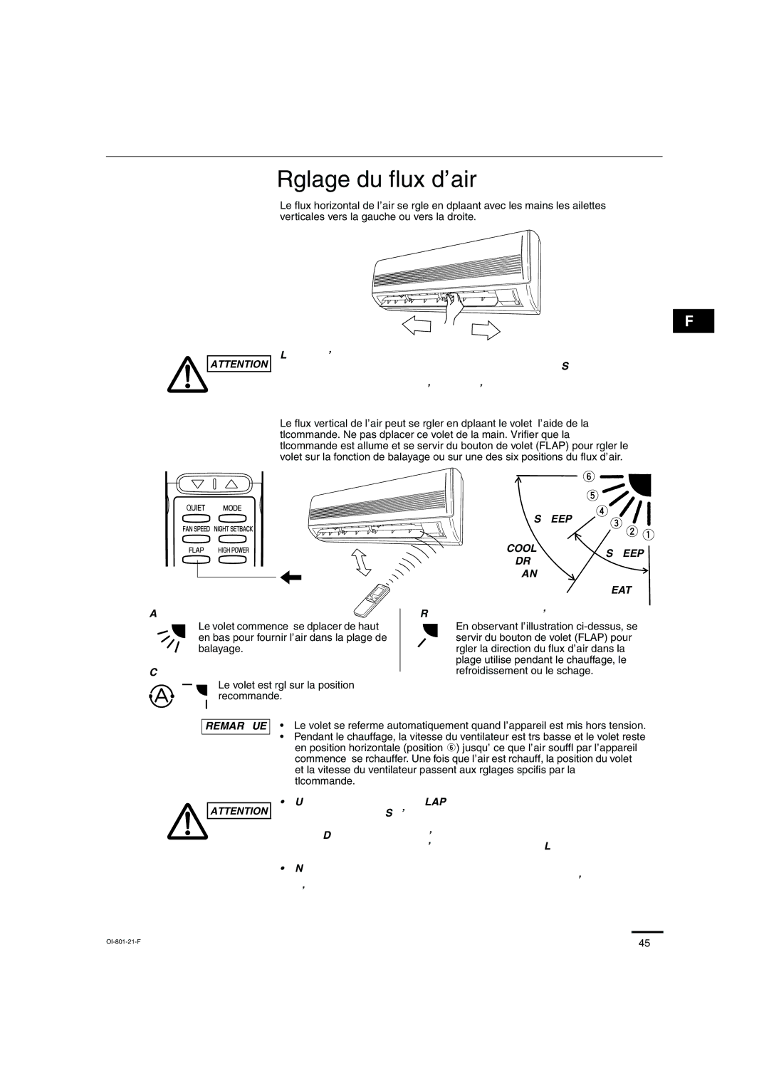 Sanyo KHS2472, KHS1872 instruction manual Réglage du flux d’air, Sweep Cool DRY FAN Heat 