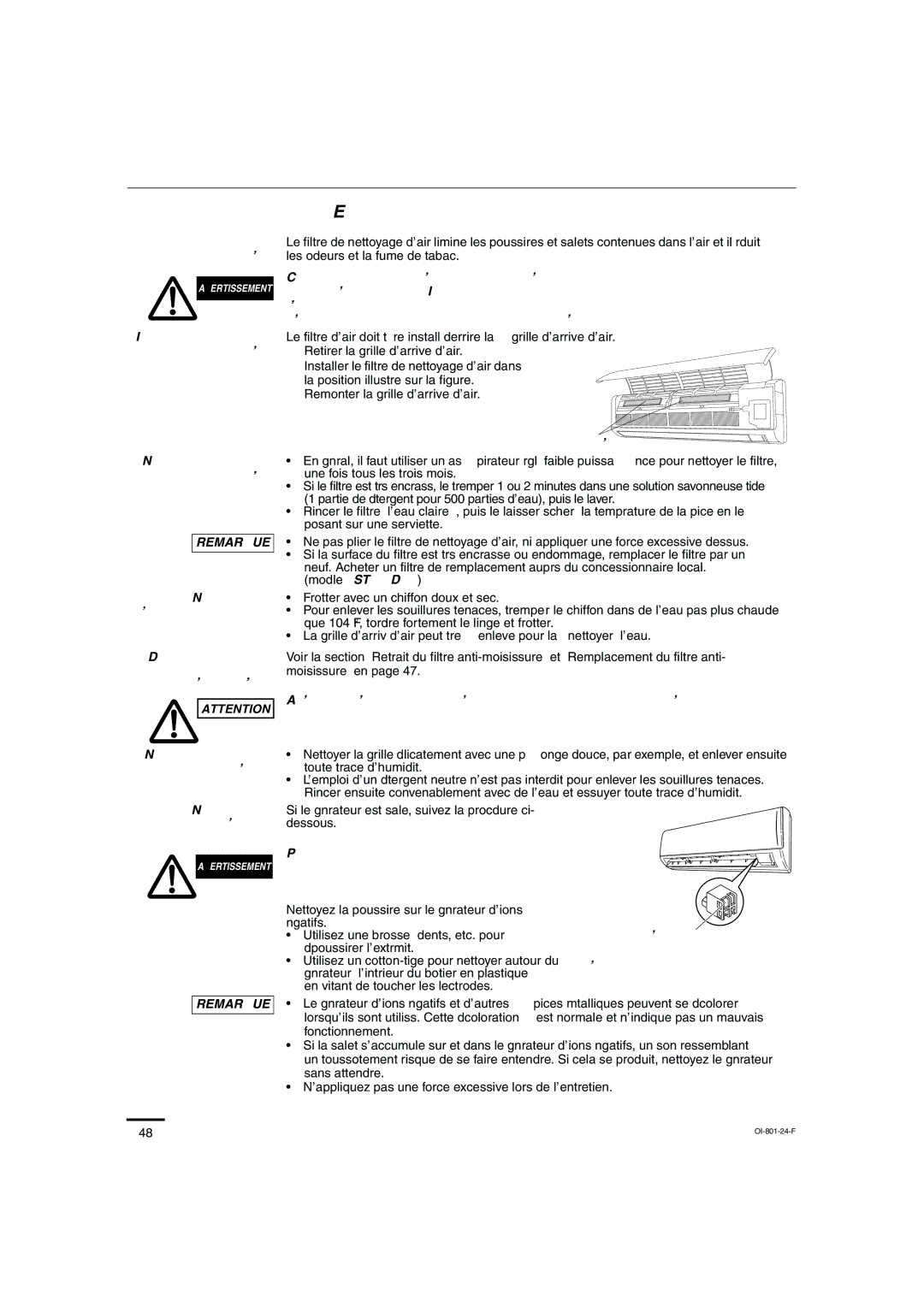 Sanyo KHS1872, KHS2472 instruction manual Filtre de nettoyage d’air, Nettoyage du générateur d’ions négatifs 