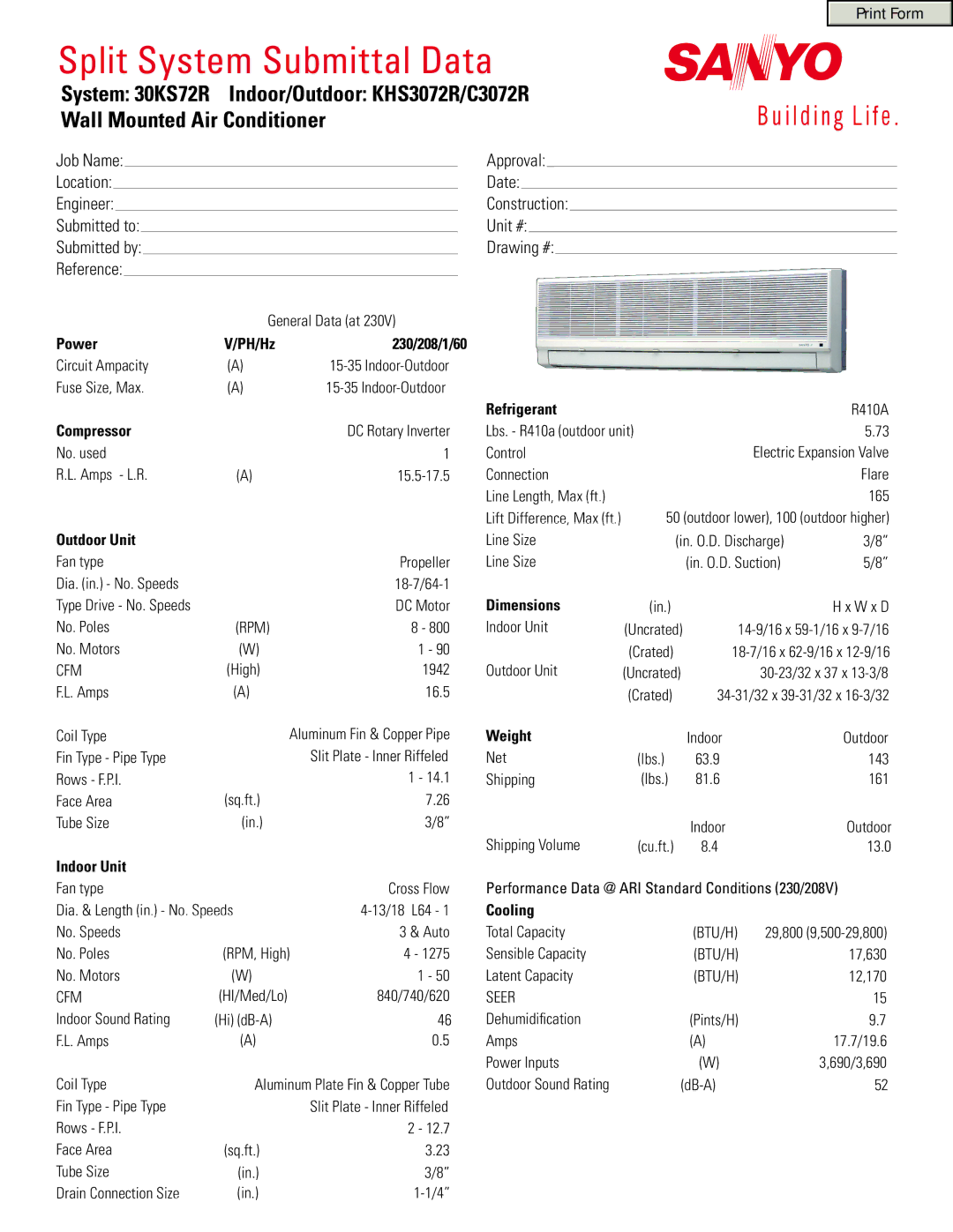 Sanyo KHS3072R dimensions Power, 230/208/1/60, Compressor, Outdoor Unit, Indoor Unit, Refrigerant, Dimensions, Weight 