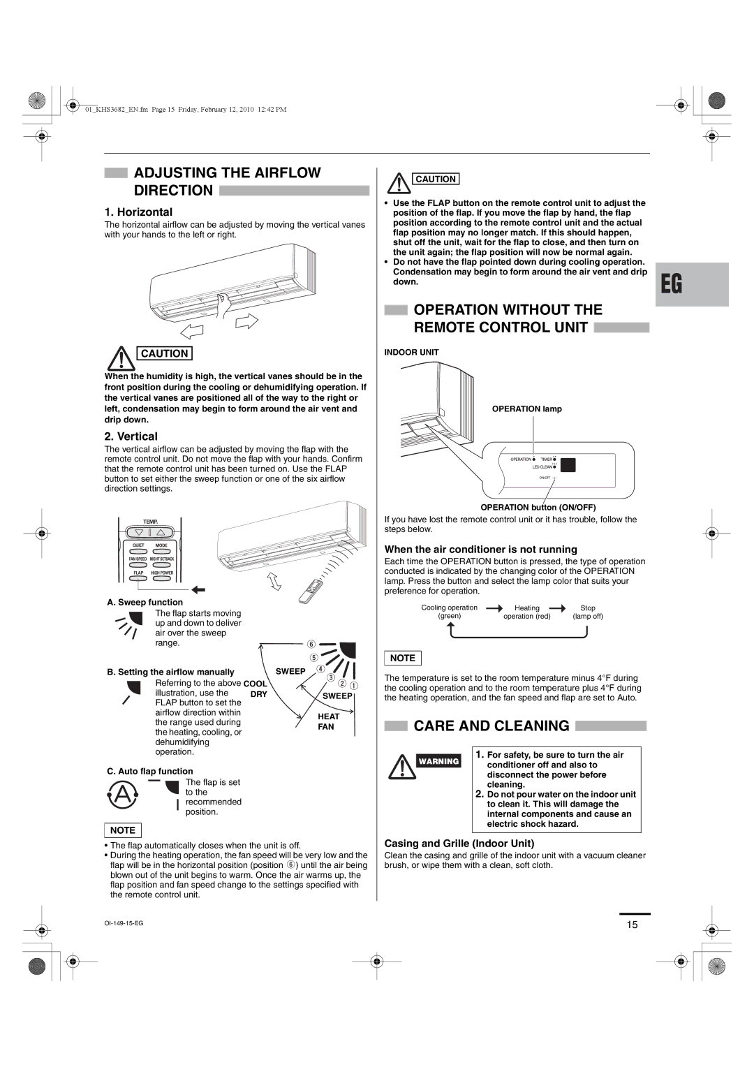 Sanyo KHS3082 Adjusting the Airflow Direction, Operation Without the Remote Control Unit, Care and Cleaning, Horizontal 