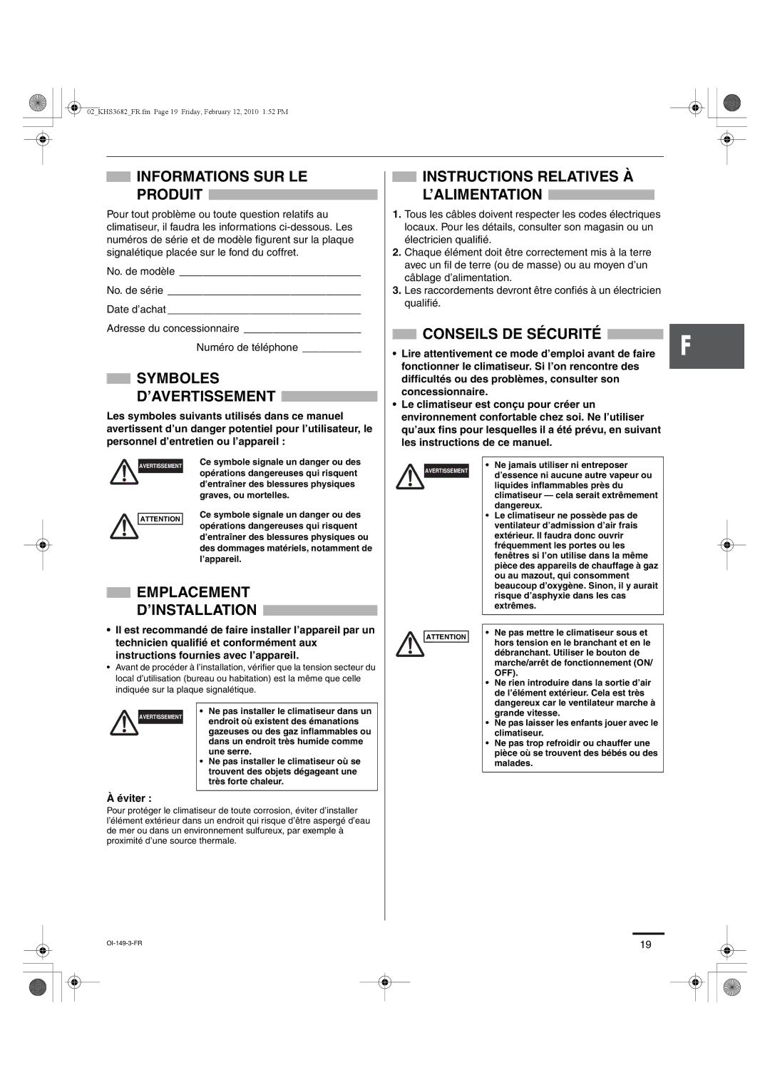 Sanyo KHS3082 Informations SUR LE Produit, Symboles ’AVERTISSEMENT, Conseils DE Sécurité, Emplacement D’INSTALLATION 