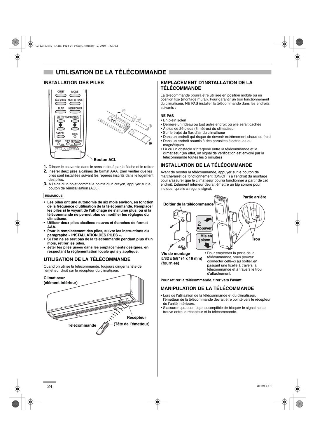 Sanyo KHS3682 Utilisation DE LA Télécommande, Bouton ACL, Climatiseur élément intérieur Récepteur Télécommande, Fournies 