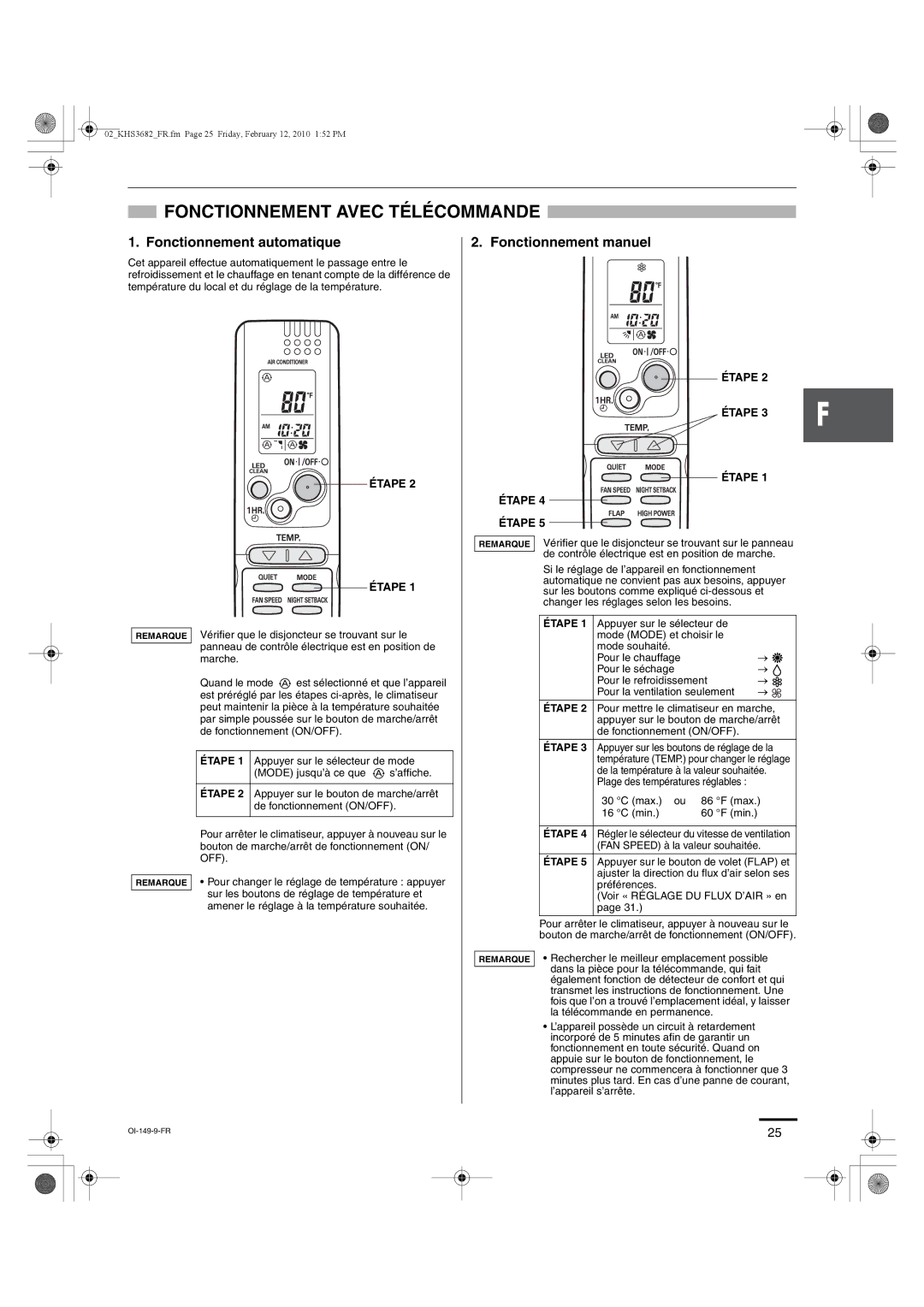 Sanyo KHS3082, KHS3682 Fonctionnement Avec Télécommande, Fonctionnement automatique, Fonctionnement manuel, Étape 