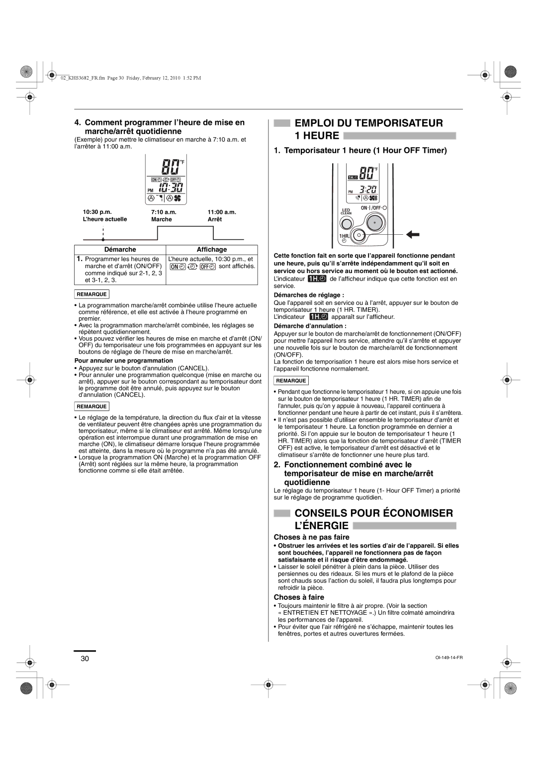 Sanyo KHS3682 Emploi DU Temporisateur 1 Heure, Conseils Pour Économiser L’ÉNERGIE, Temporisateur 1 heure 1 Hour OFF Timer 