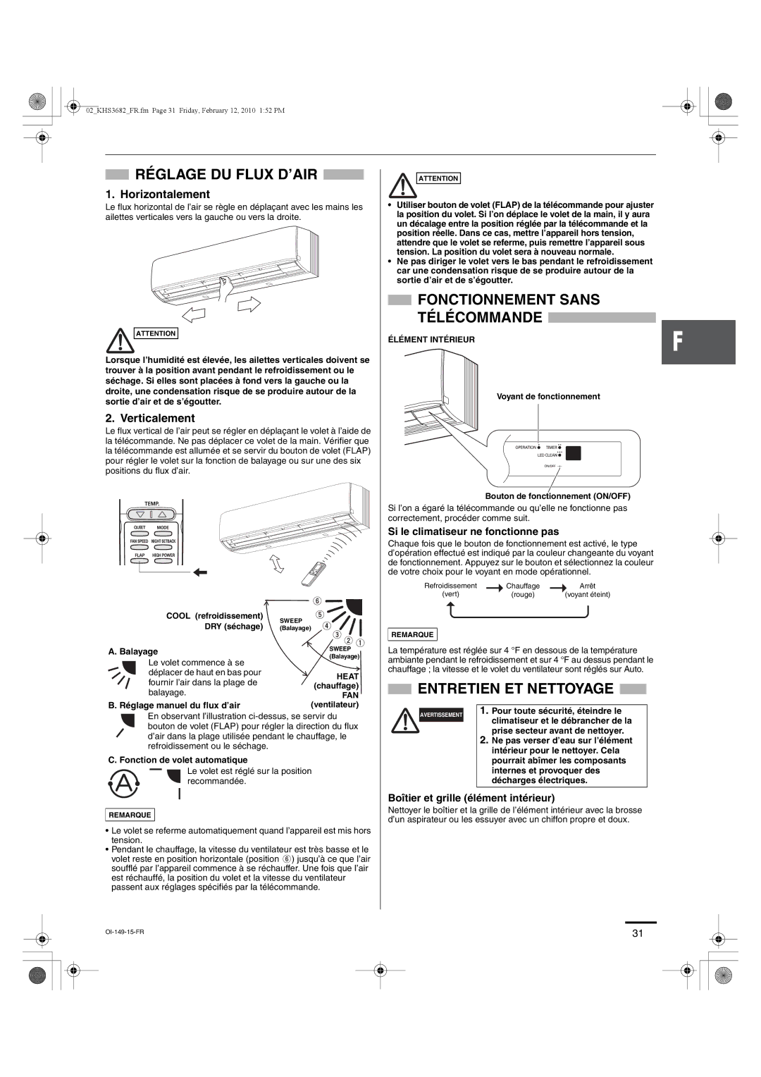 Sanyo KHS3082, KHS3682 Réglage DU Flux D’AIR, Fonctionnement Sans Télécommande, Entretien ET Nettoyage, Horizontalement 