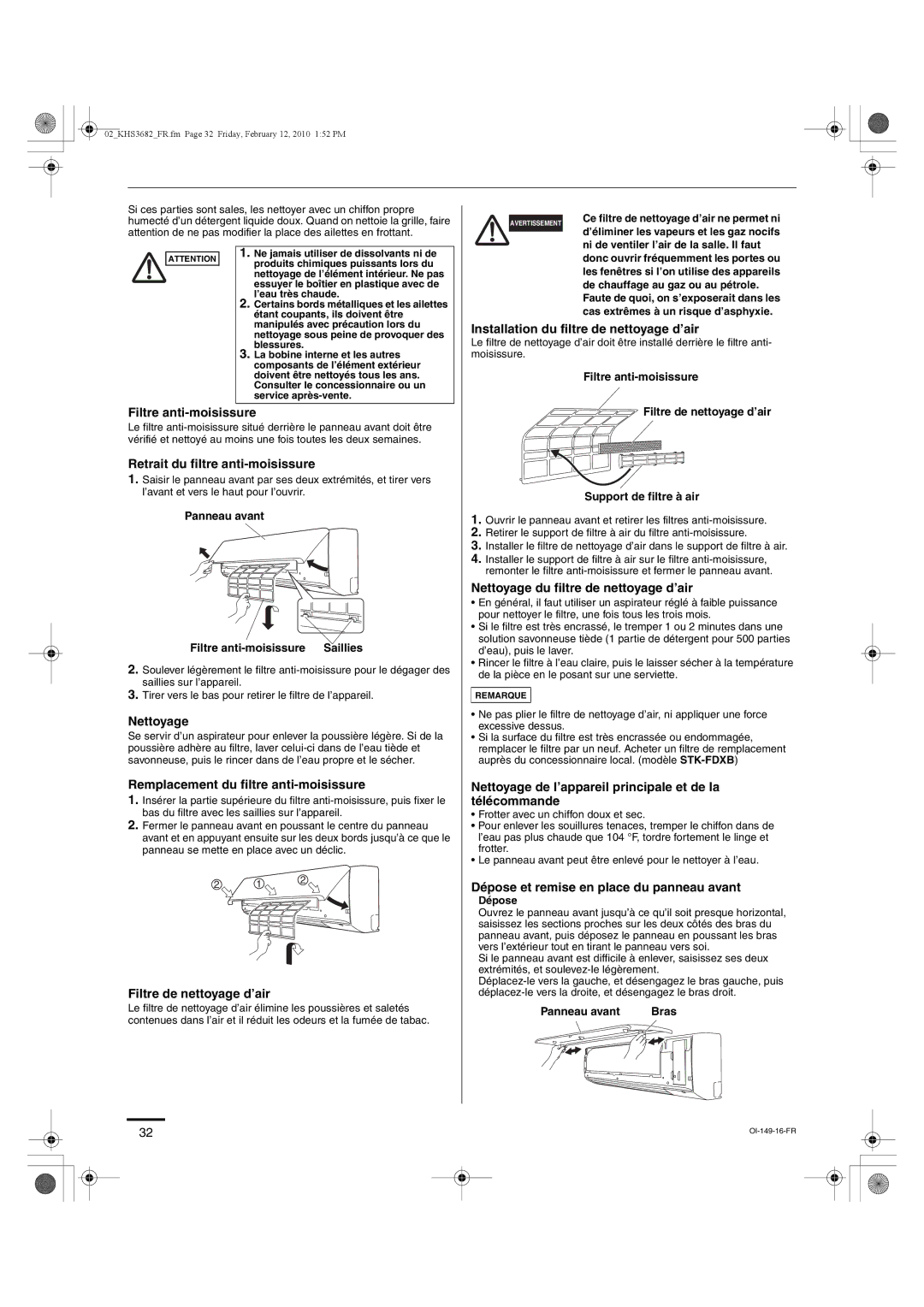 Sanyo KHS3682 Installation du filtre de nettoyage d’air, Filtre anti-moisissure, Retrait du filtre anti-moisissure 