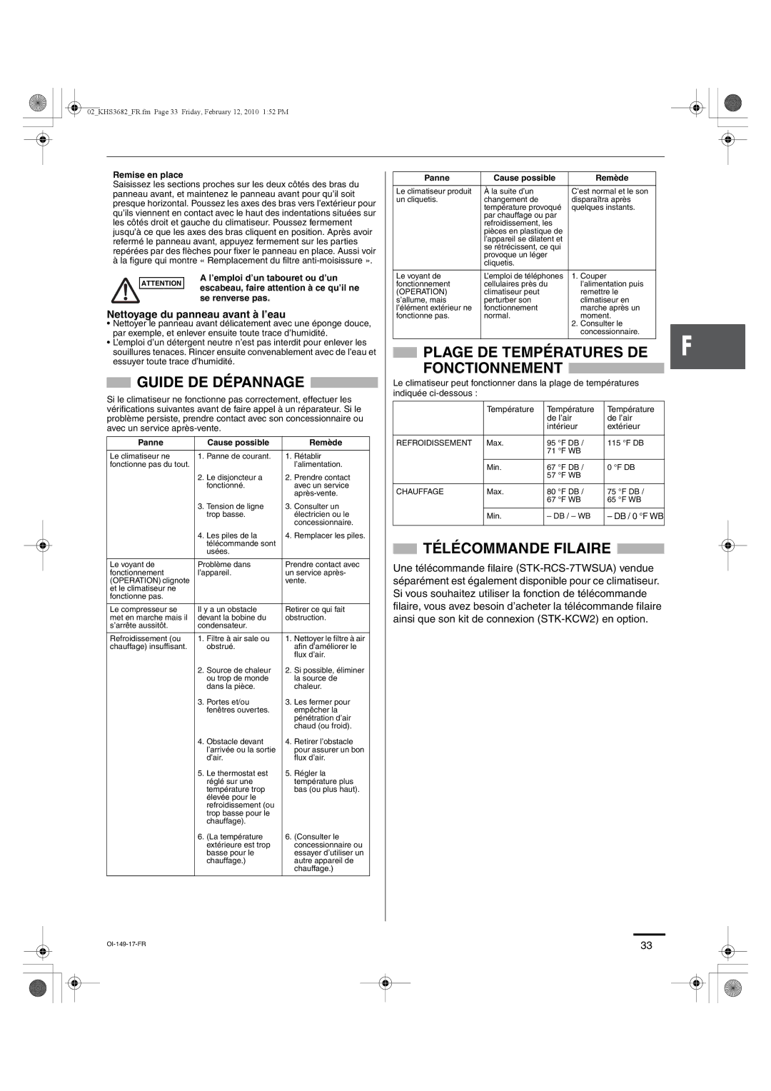 Sanyo KHS3082, KHS3682 instruction manual Guide DE Dépannage, Plage DE Températures DE Fonctionnement, Télécommande Filaire 