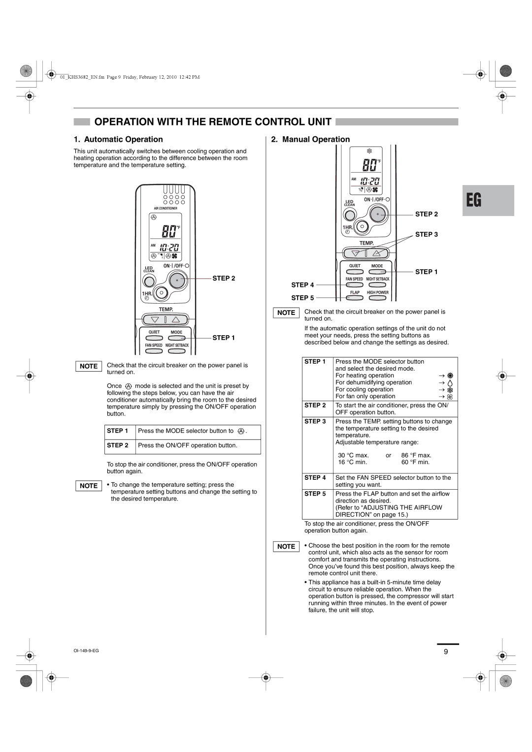 Sanyo KHS3082, KHS3682 Operation with the Remote Control Unit, Automatic Operation, Manual Operation, Step 