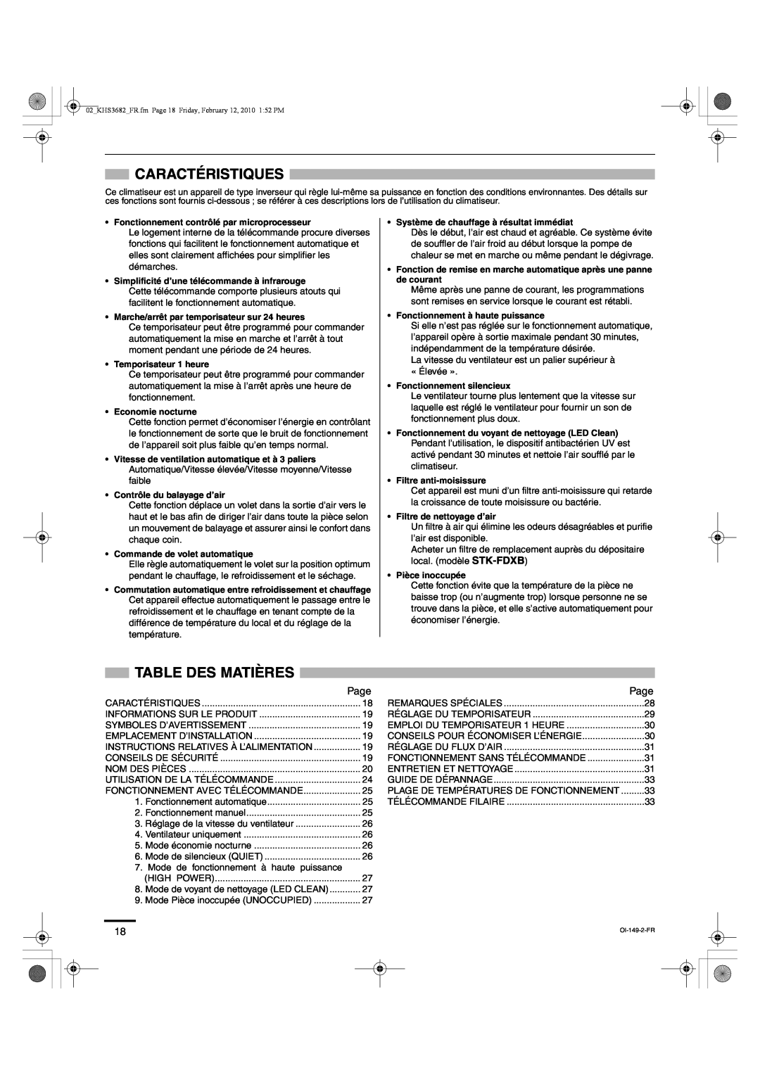 Sanyo KHS3682, KHS3082 instruction manual Caractéristiques, Table Des Matières, Page 