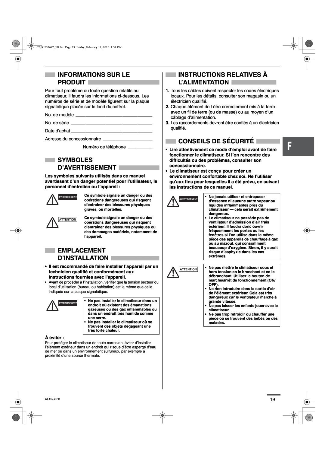 Sanyo KHS3082 Informations Sur Le Produit, Symboles D’Avertissement, Conseils De Sécurité, Emplacement D’Installation 
