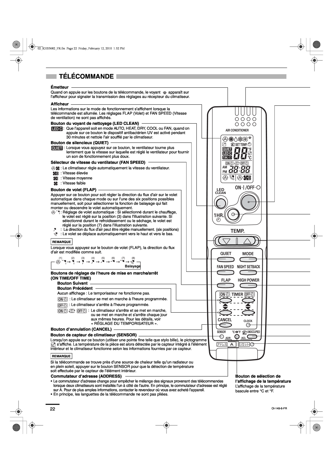Sanyo KHS3682, KHS3082 instruction manual Télécommande 